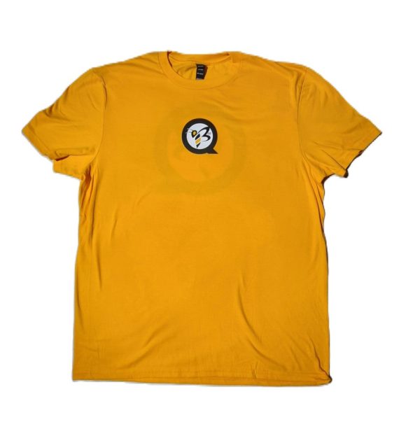 Front view of a Women's QBEE T-shirt in Gold, featuring a decorative design.