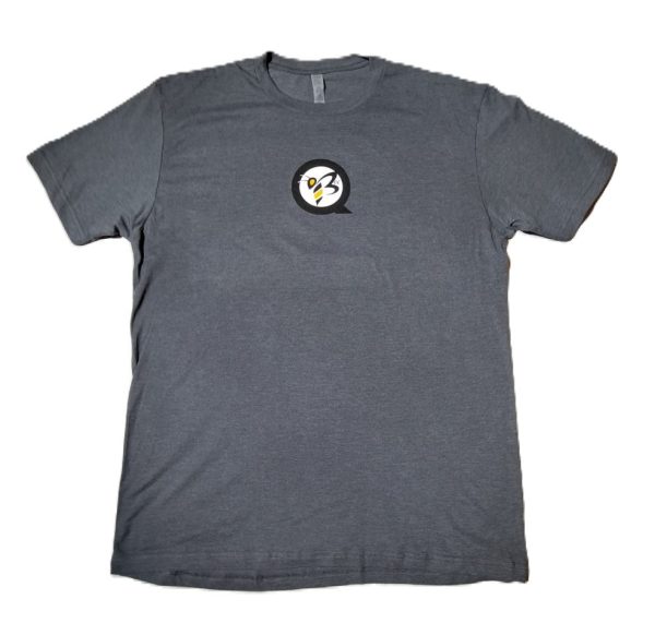 Front view of a men's QBEE T-shirt in Heather Metal Grey, featuring a decorative design.