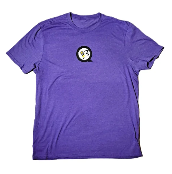 Front view of a Women's QBEE T-shirt in Heather Purple, featuring a decorative design.