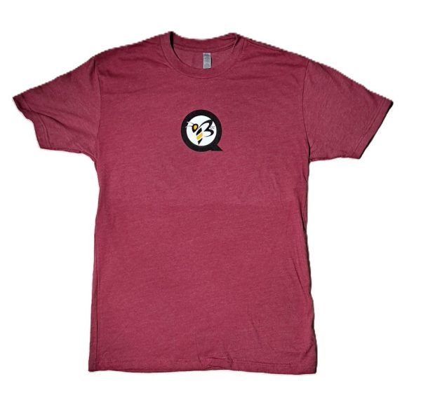 Front view of a men's QBEE T-shirt in Cardinal Red, featuring a decorative design.