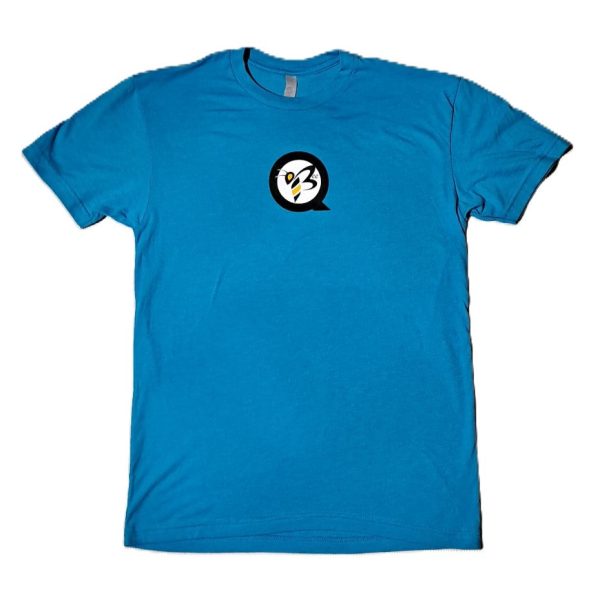 Front view of a men's QBEE T-shirt in turquoise, featuring a decorative bee design.