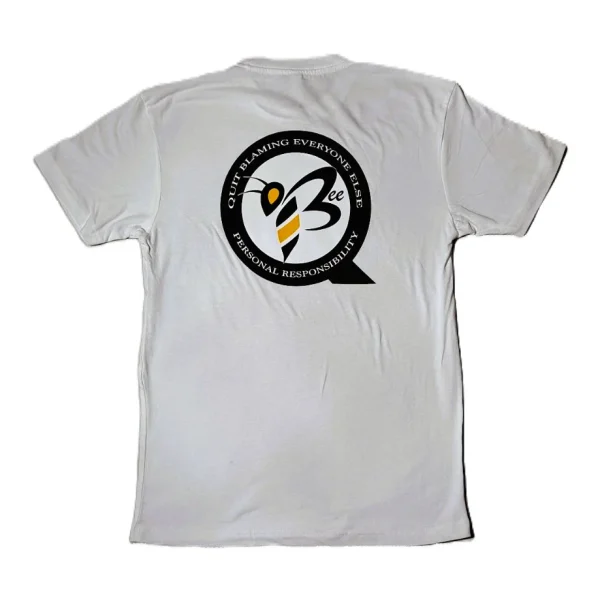 Back view of a men's QBEE T-shirt in white, featuring a decorative design.