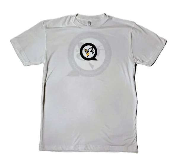 Front view of a men's QBEE T-shirt in white, featuring a decorative design.